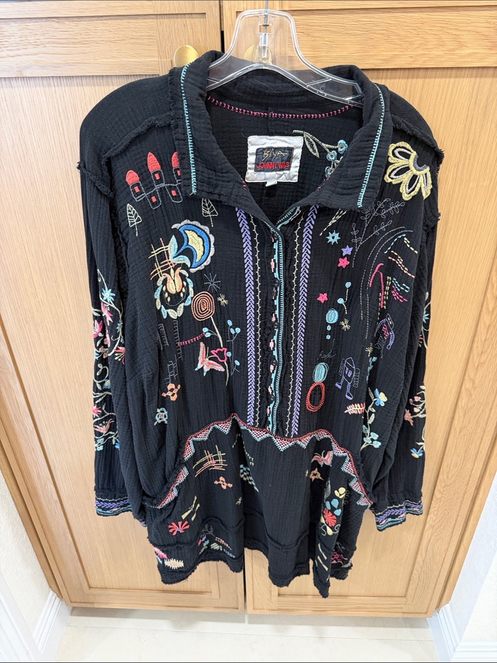 Johnny Was Black Embroidered Button-Front Tunic with Multicolor Motifs